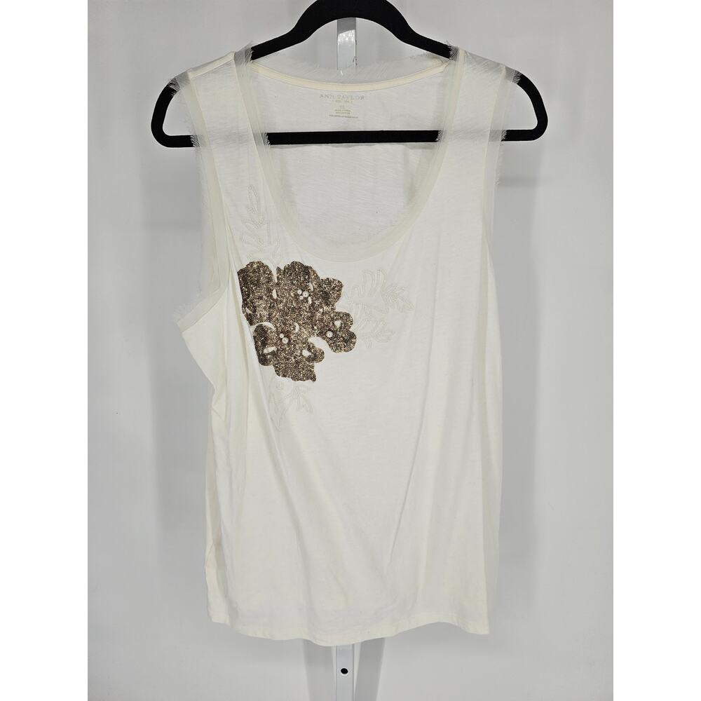 Ann Taylor Women's White Sequins Sleeveless Round Neck Cotton Tank Top Size XL